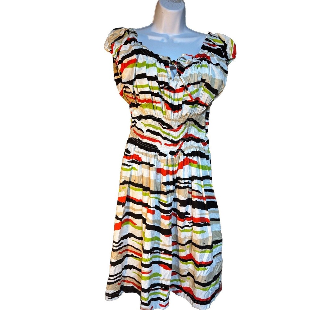Ashley Stewart White Colorful Stripes Smocked Peasant Dress Short Sleeve